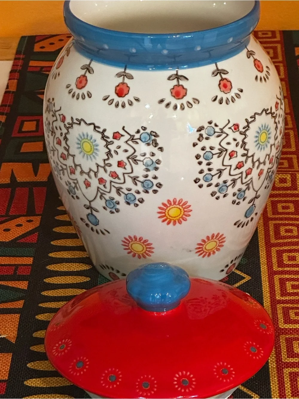 Grace's Bakeware Ceramic Painted Floral Red/Blue Cookie Jar/Canister